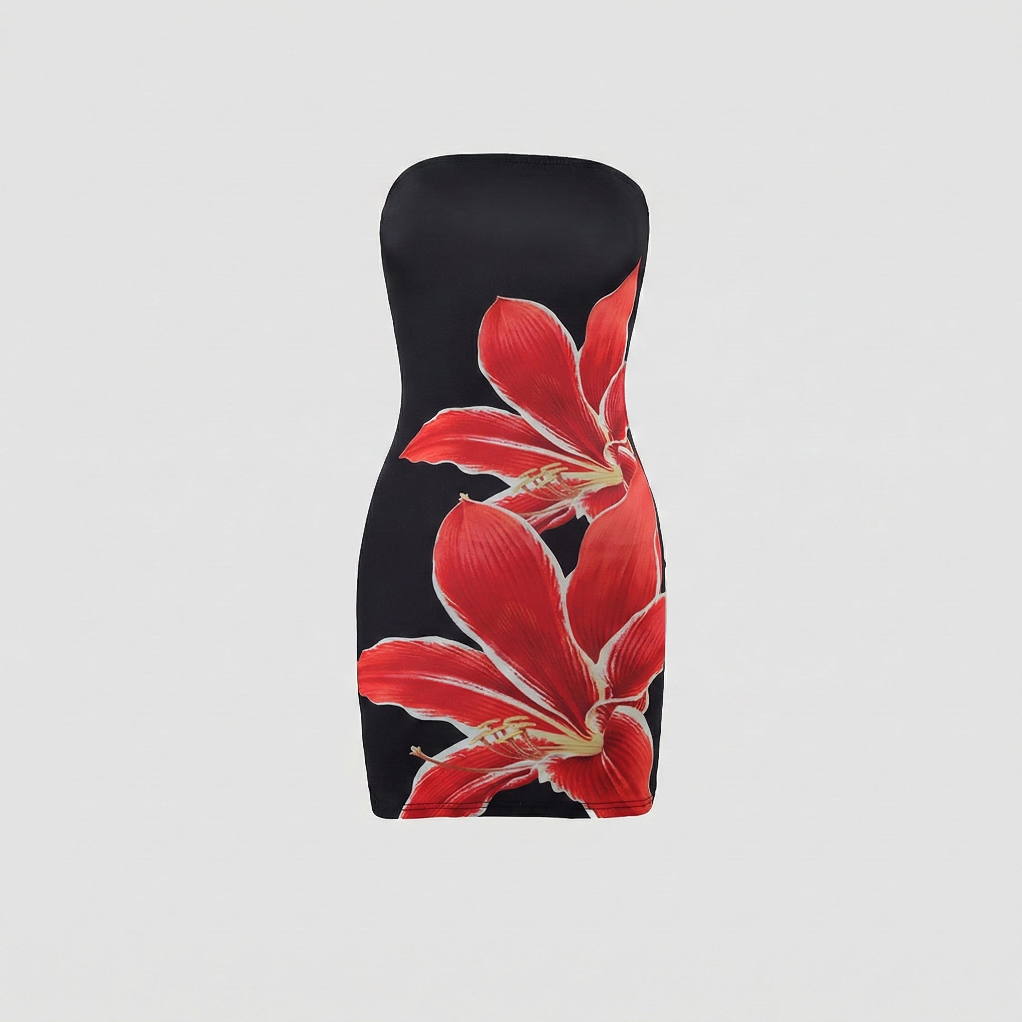 Black strapless dress with red floral design on a light gray background