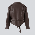 Brown leather jacket with lace-up shoulders on a light gray background