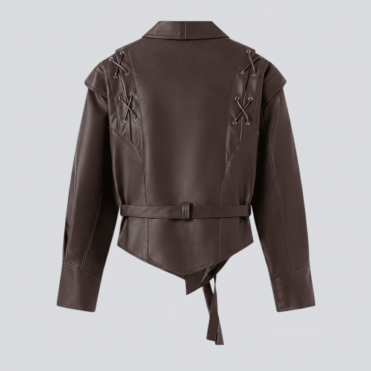 Brown leather jacket with lace-up shoulders on a light gray background