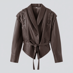 Brown leather jacket with tie details on a light gray background