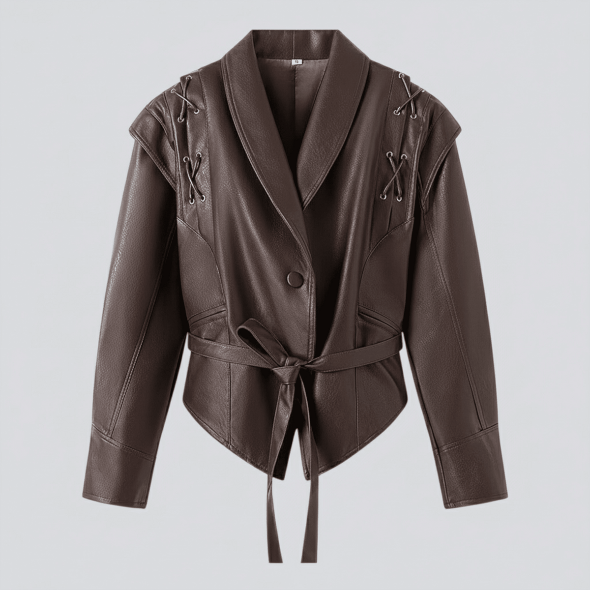 Brown leather jacket with tie details on a light gray background