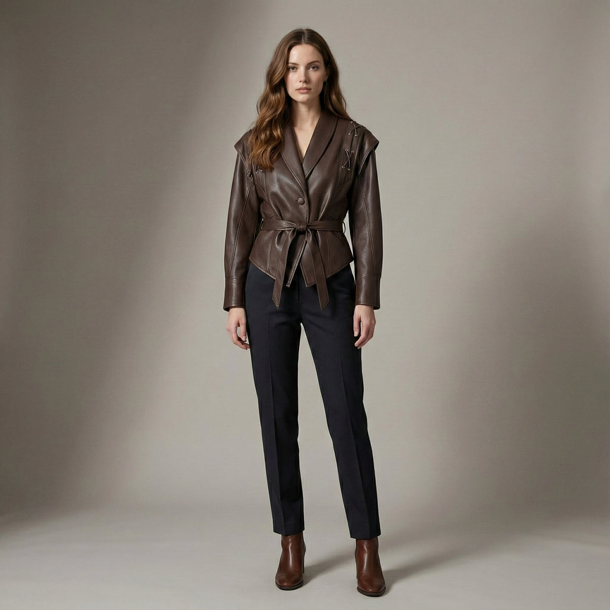 Woman wearing a brown leather jacket and black pants against a neutral background