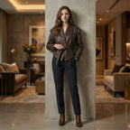 Woman in a brown blazer and dark pants standing in a stylish living room.