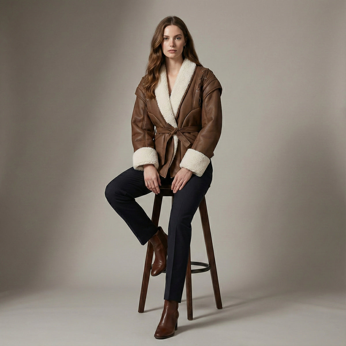 Woman wearing a brown leather coat with white fur trim, sitting on a wooden stool against a plain background.