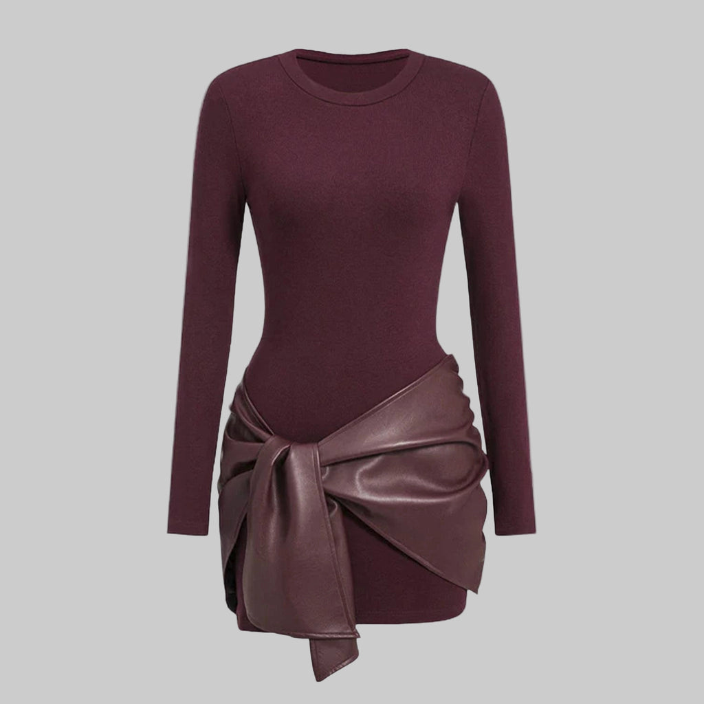 Maroon dress with leather bow detail on a light gray background