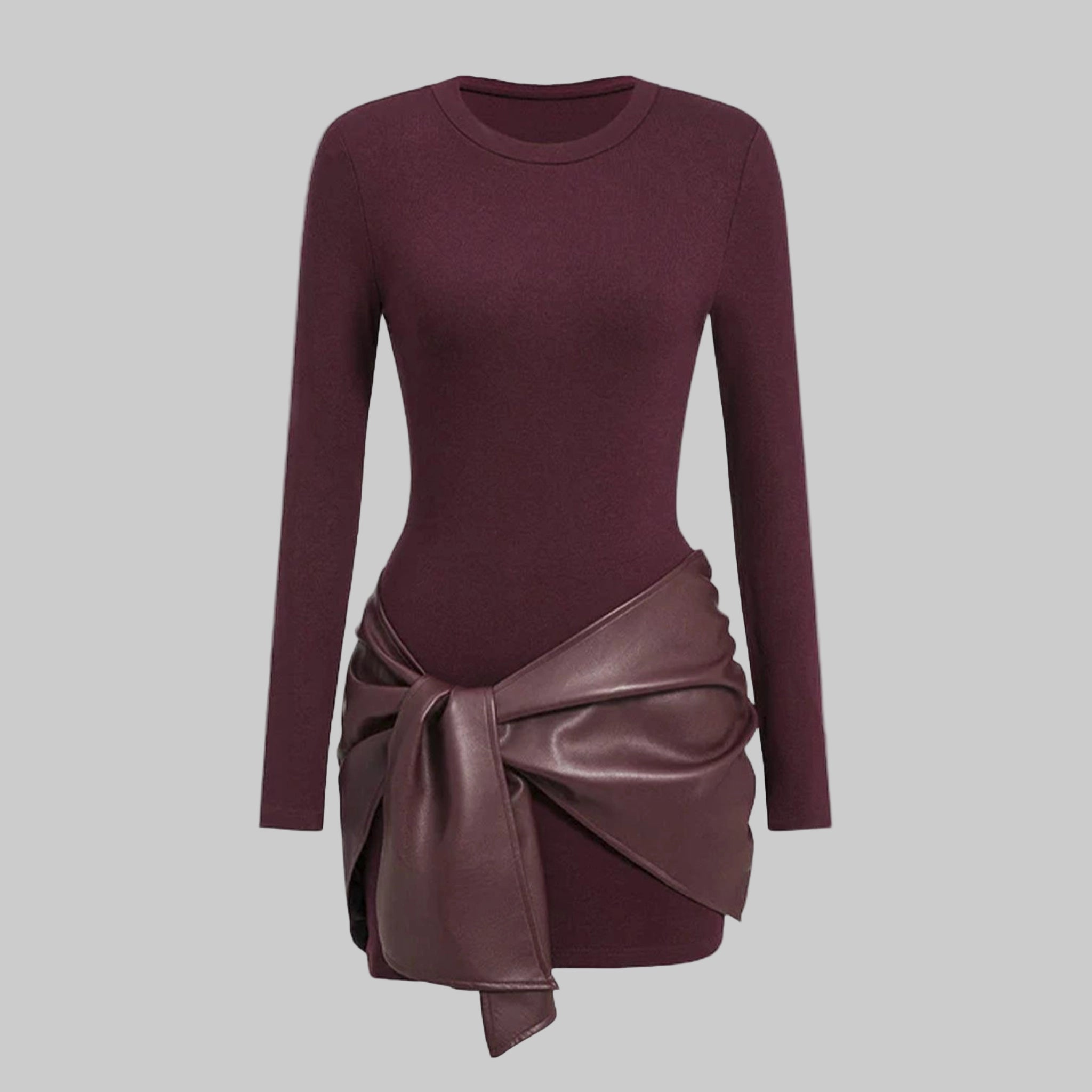 Maroon dress with leather bow detail on a light gray background