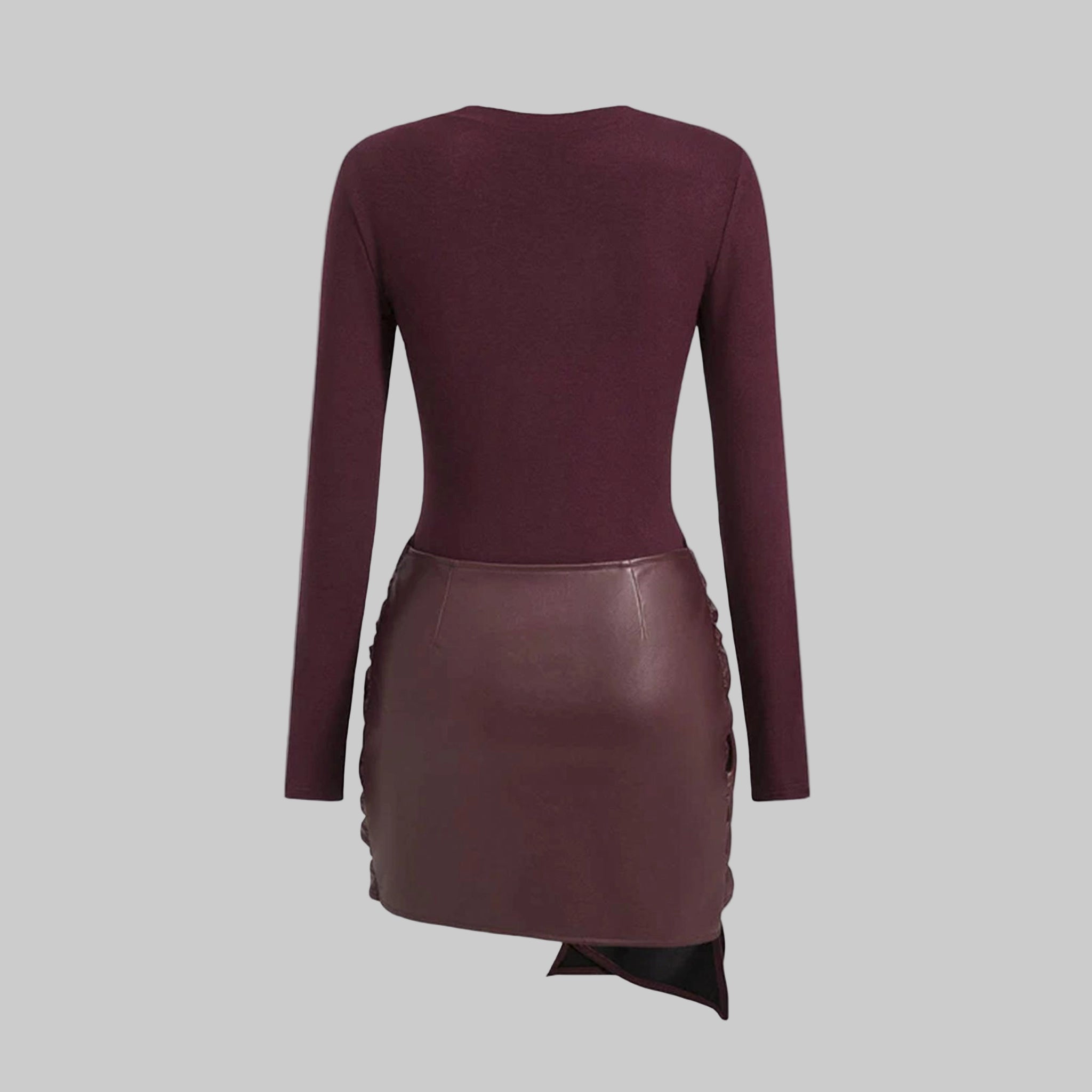 Maroon dress with leather skirt on a light gray background