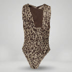 Leopard print swimsuit with brown interior on a light gray background