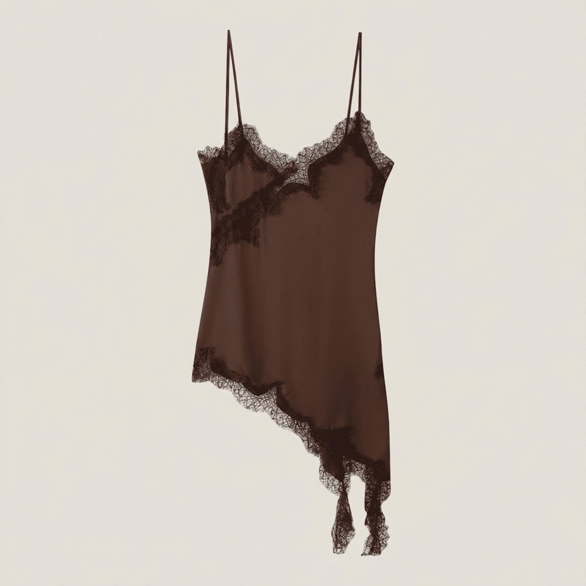 Brown slip dress with lace trim on a beige background