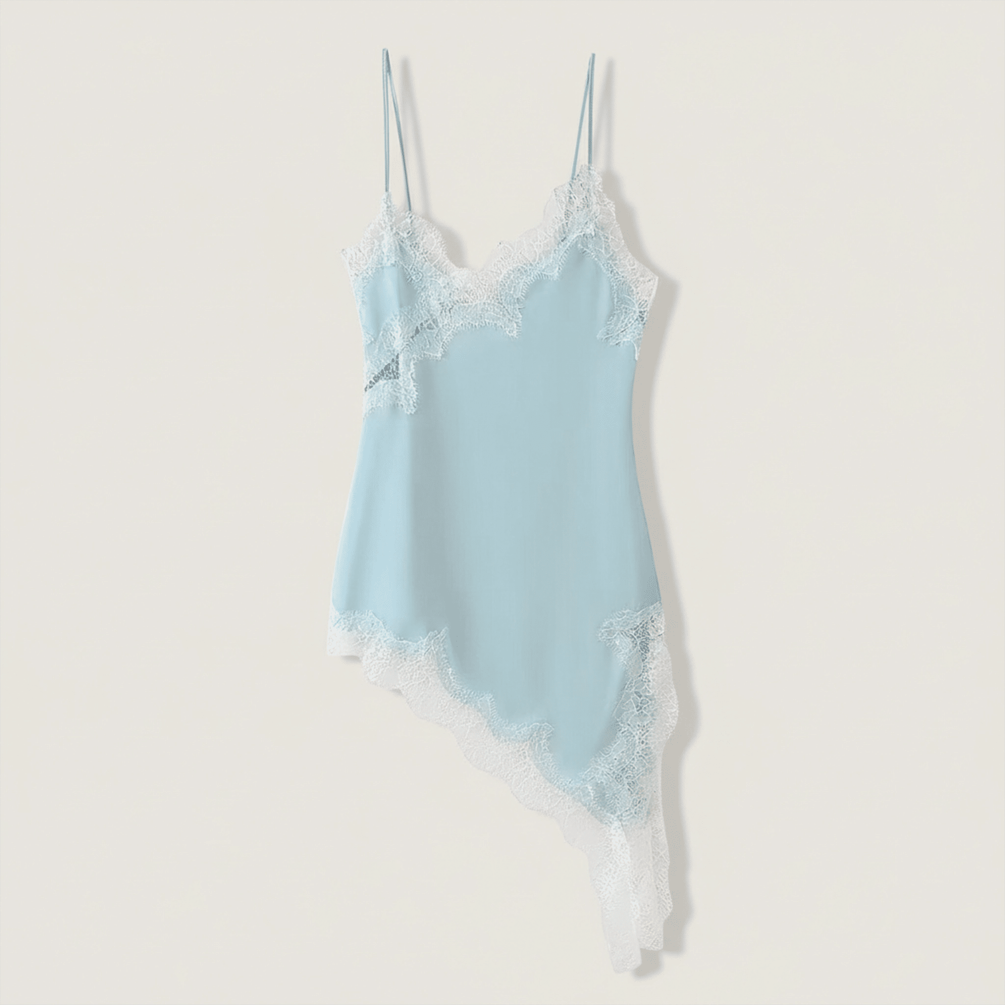 Light blue lace-trimmed camisole on a white background