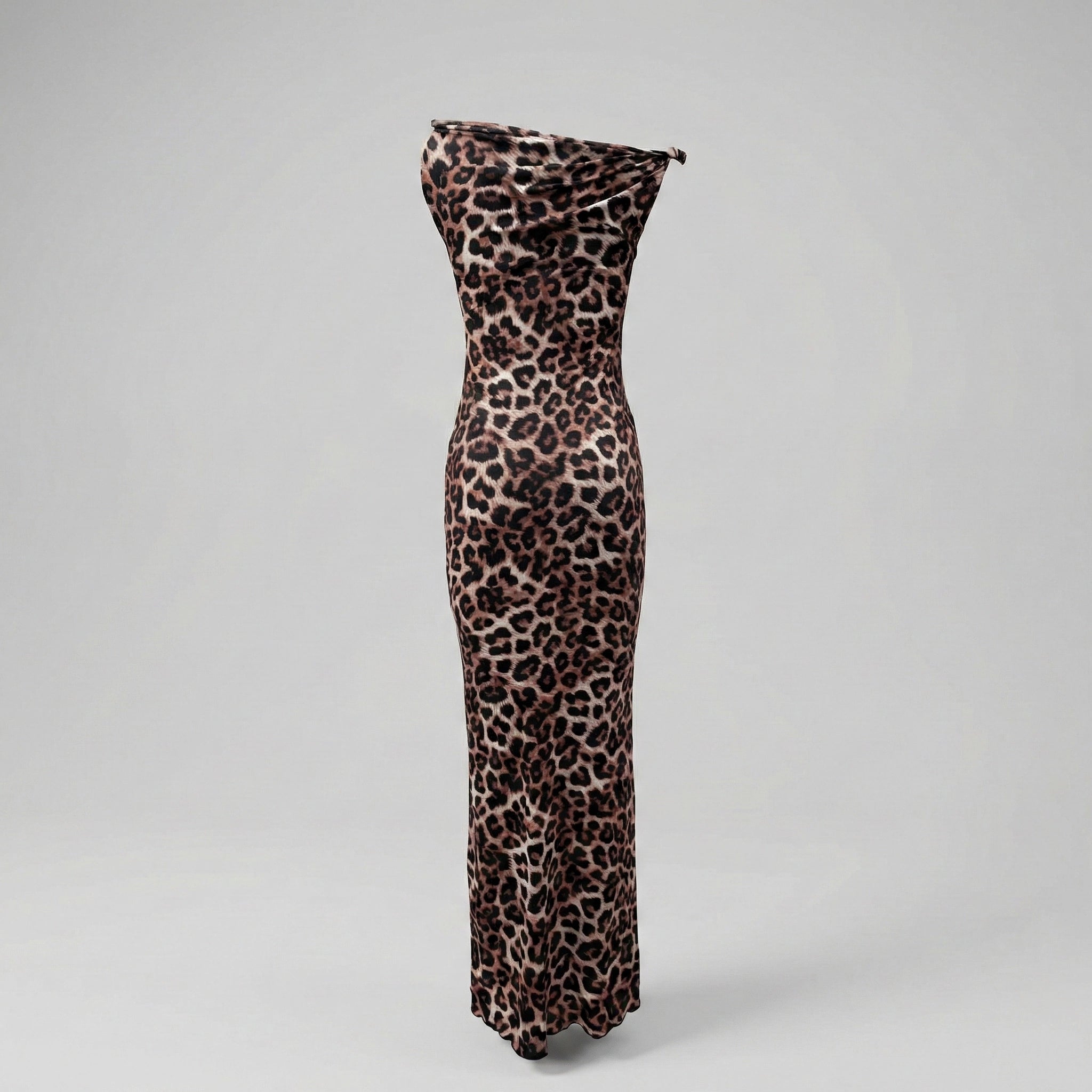 Leopard print strapless dress on a gray background