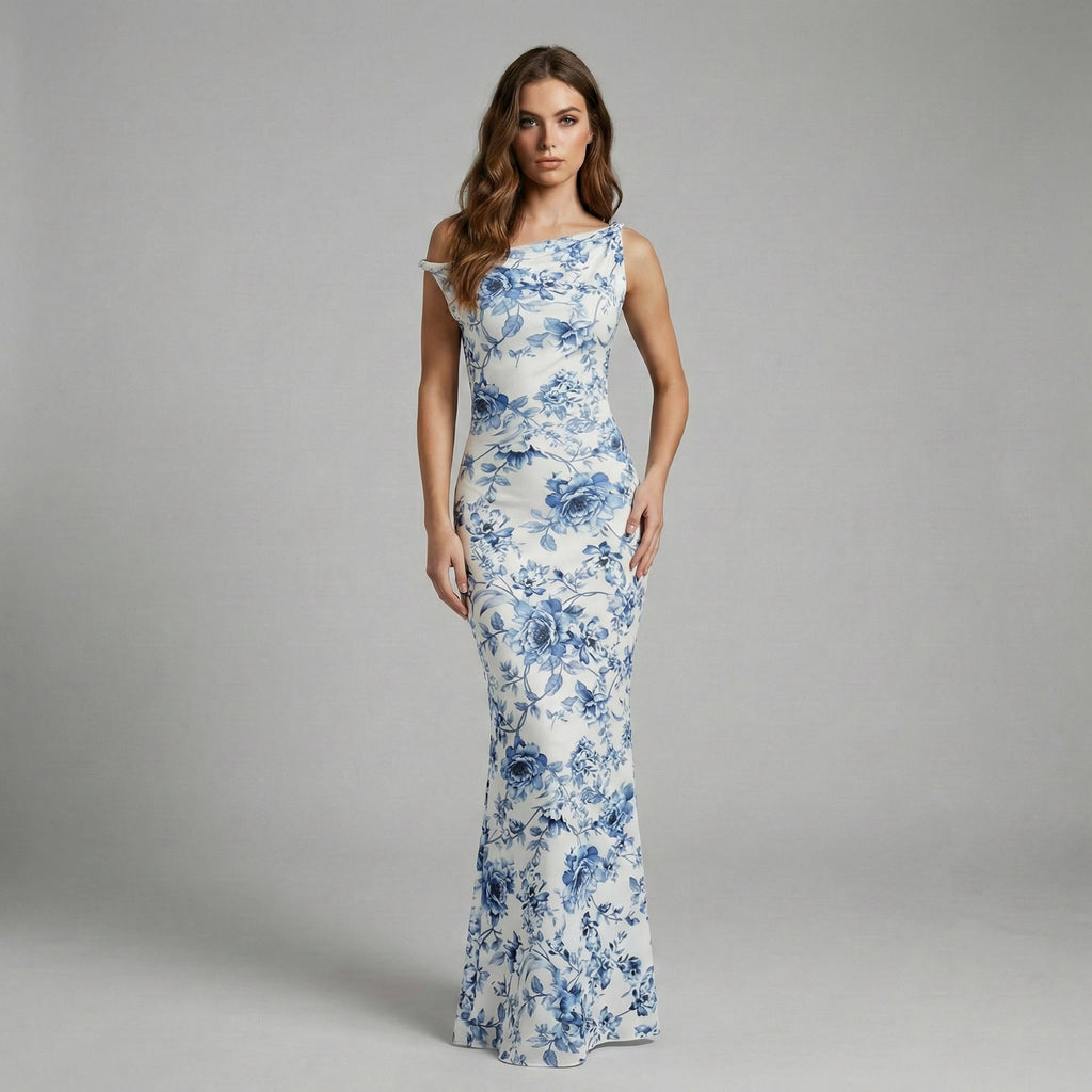 Woman wearing a floral dress against a gray background