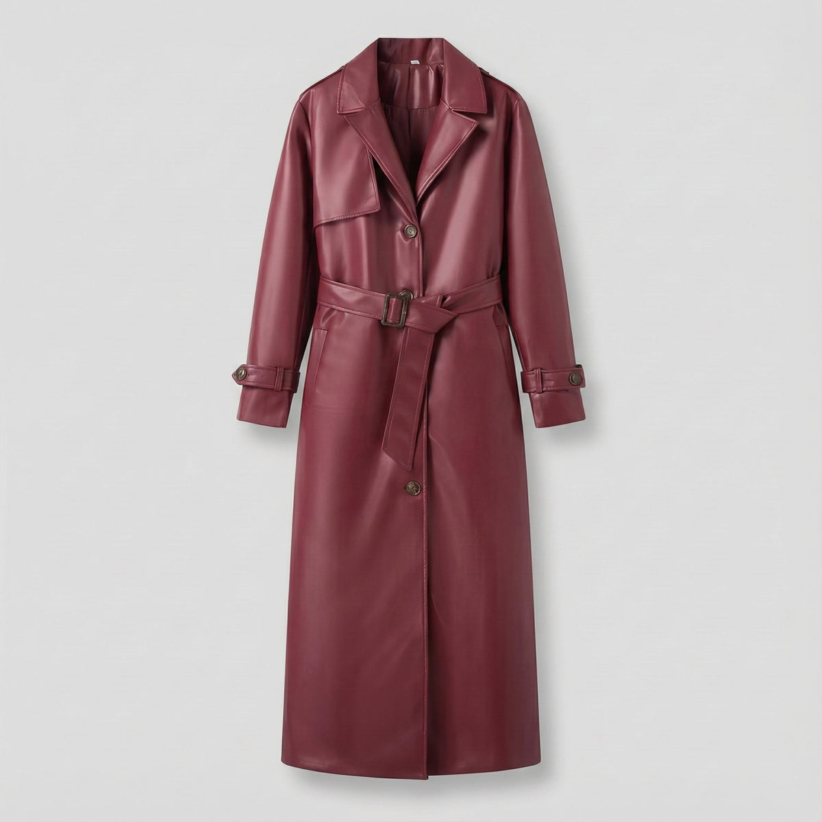 Maroon leather trench coat on a light gray background
