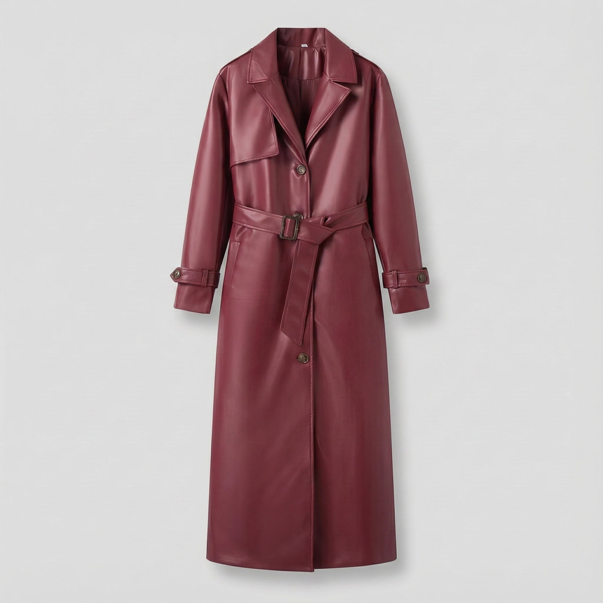 Maroon leather trench coat on a light gray background