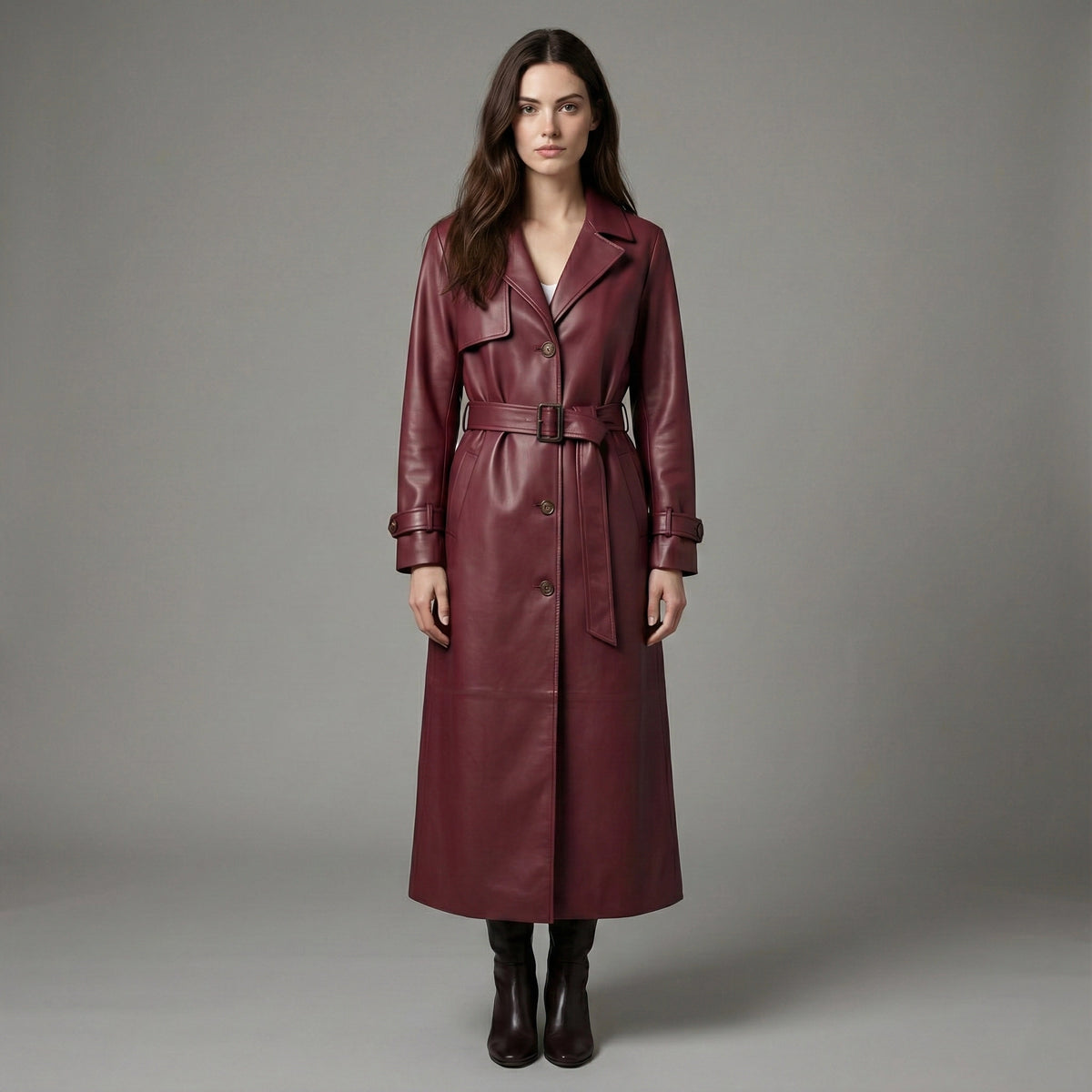 Woman wearing a long burgundy leather coat against a gray background