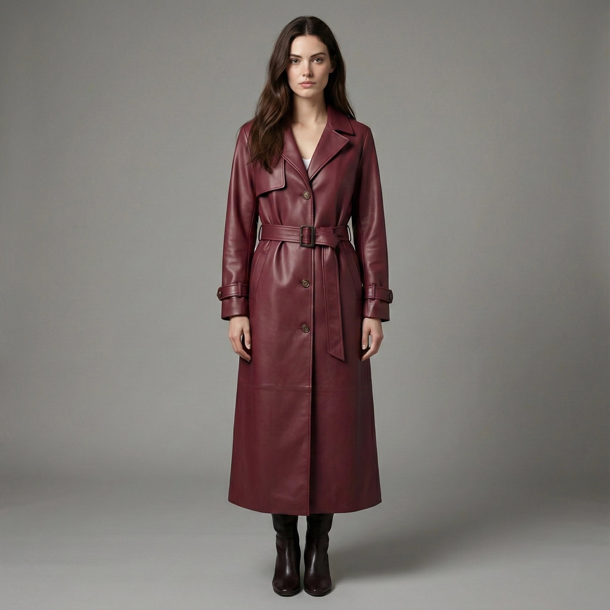 Woman wearing a long burgundy leather coat against a gray background