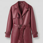Maroon leather trench coat on a light gray background