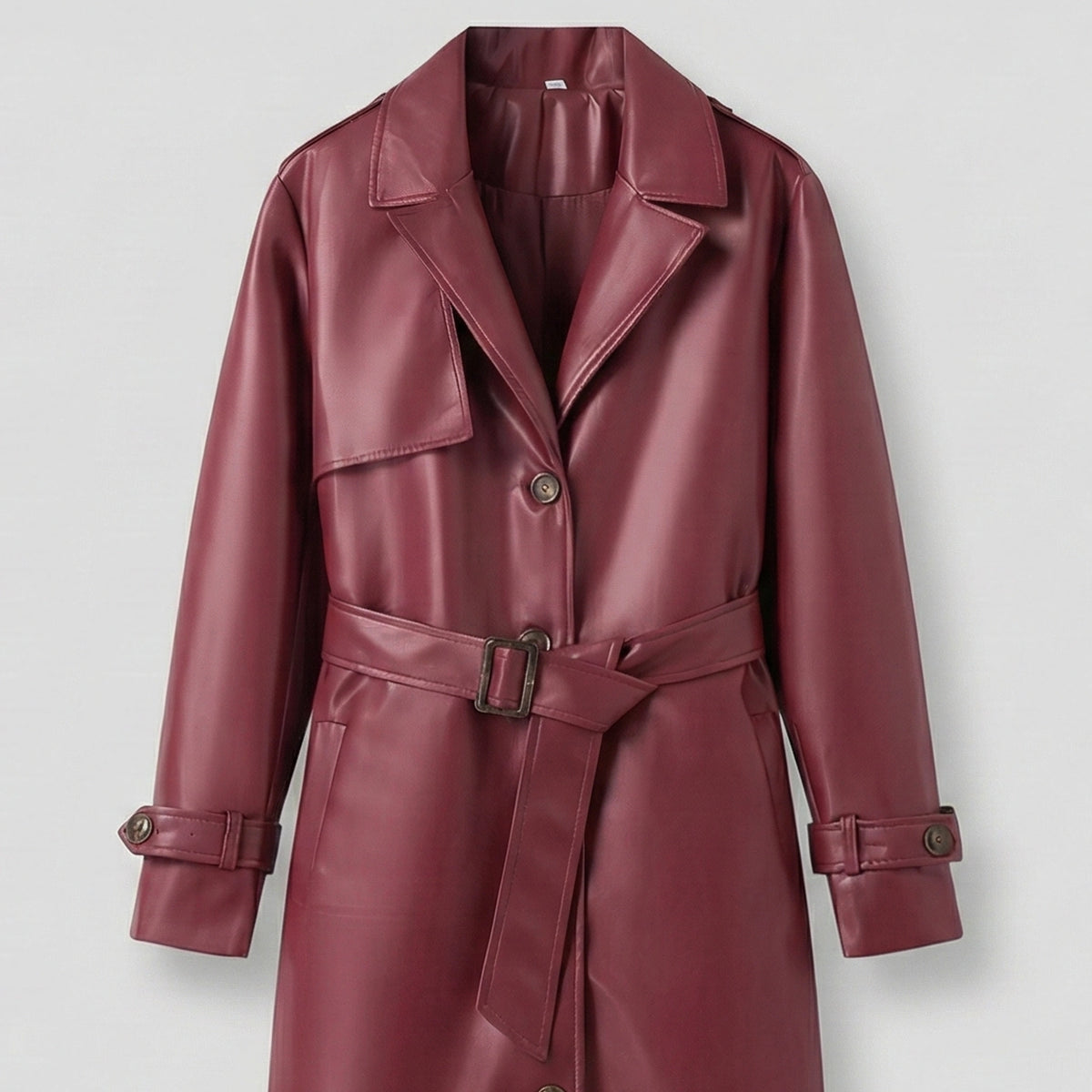Maroon leather trench coat on a light gray background