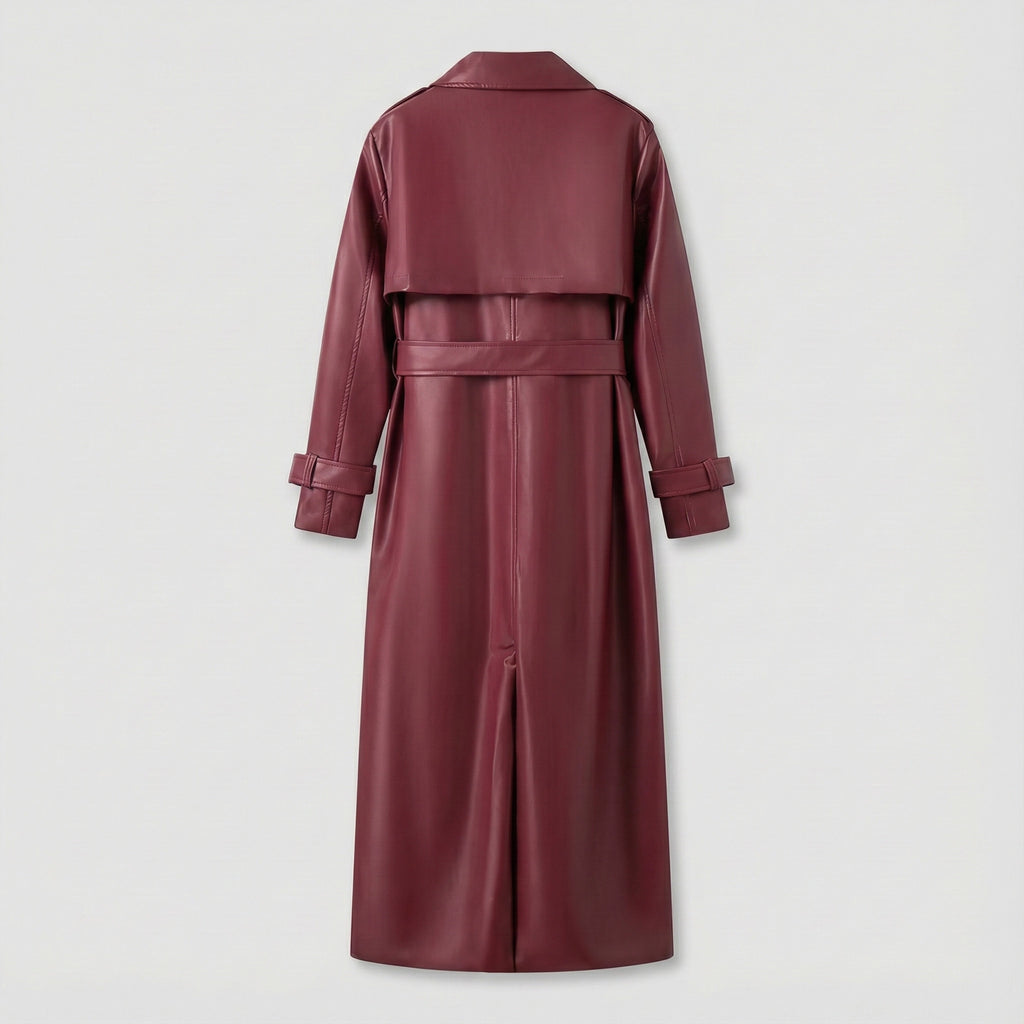 Maroon leather trench coat on a light gray background