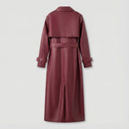 Maroon leather trench coat on a light gray background