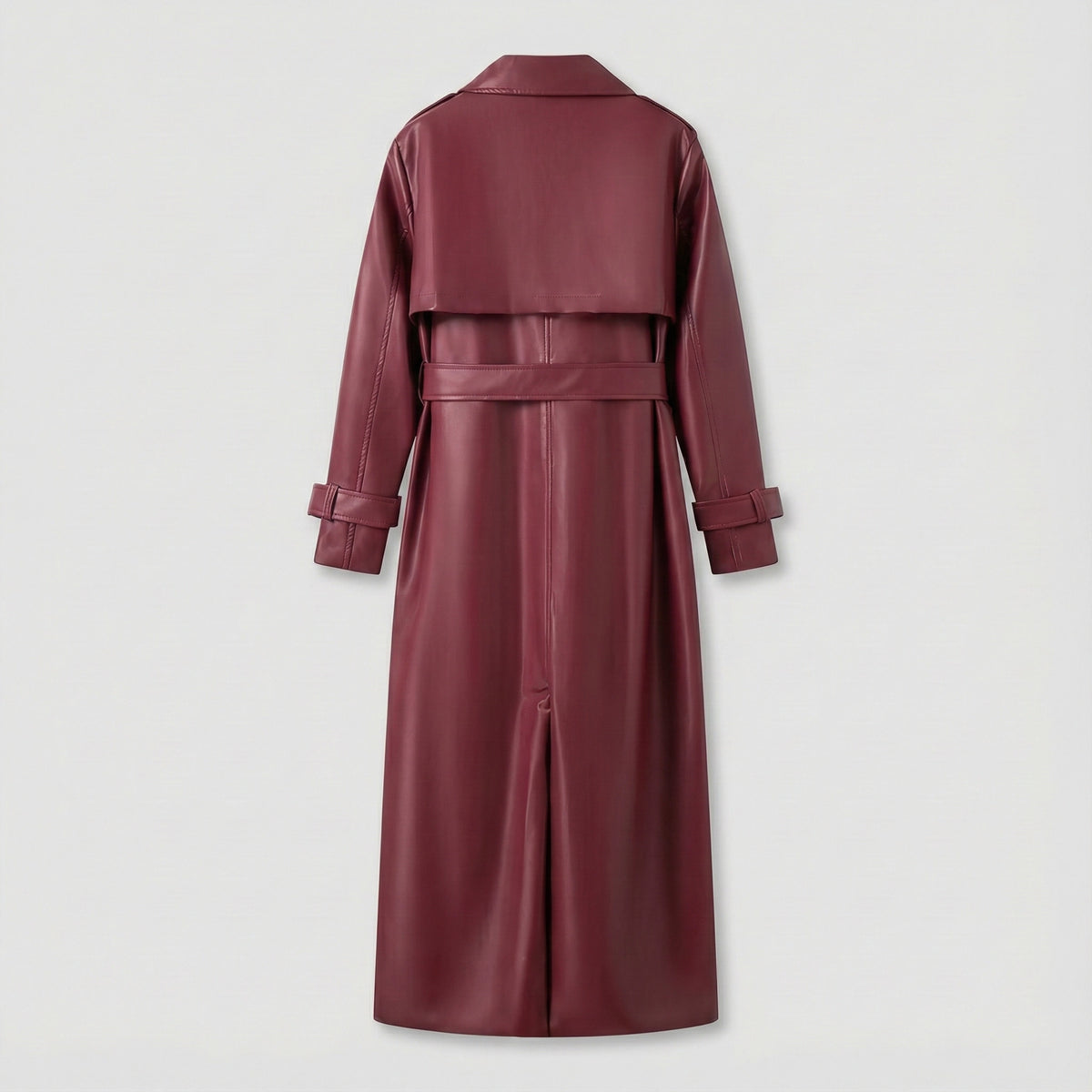 Maroon leather trench coat on a light gray background