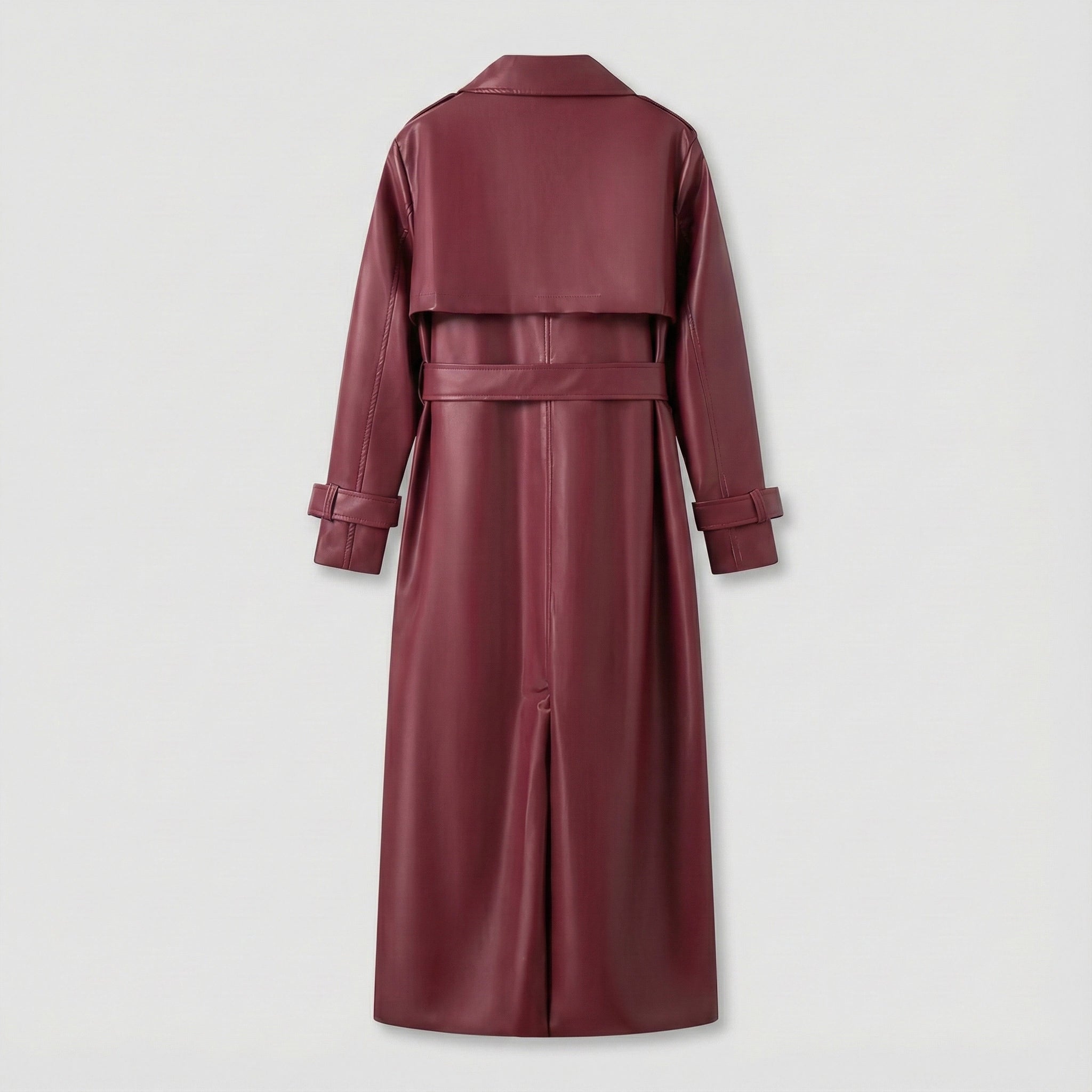 Maroon leather trench coat on a light gray background