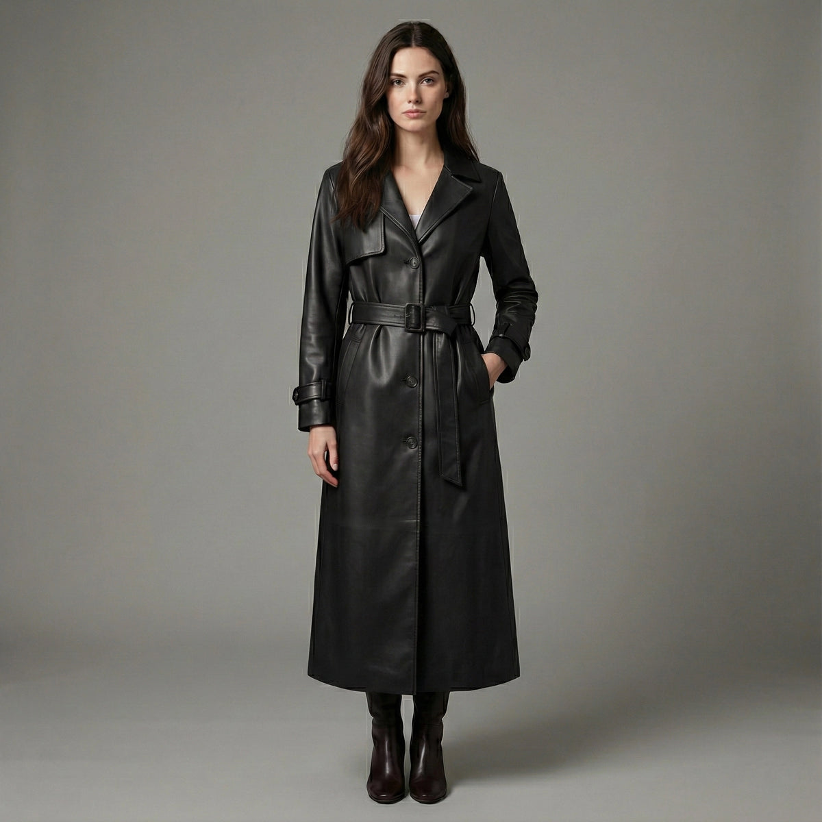 Woman wearing a black leather trench coat against a gray background