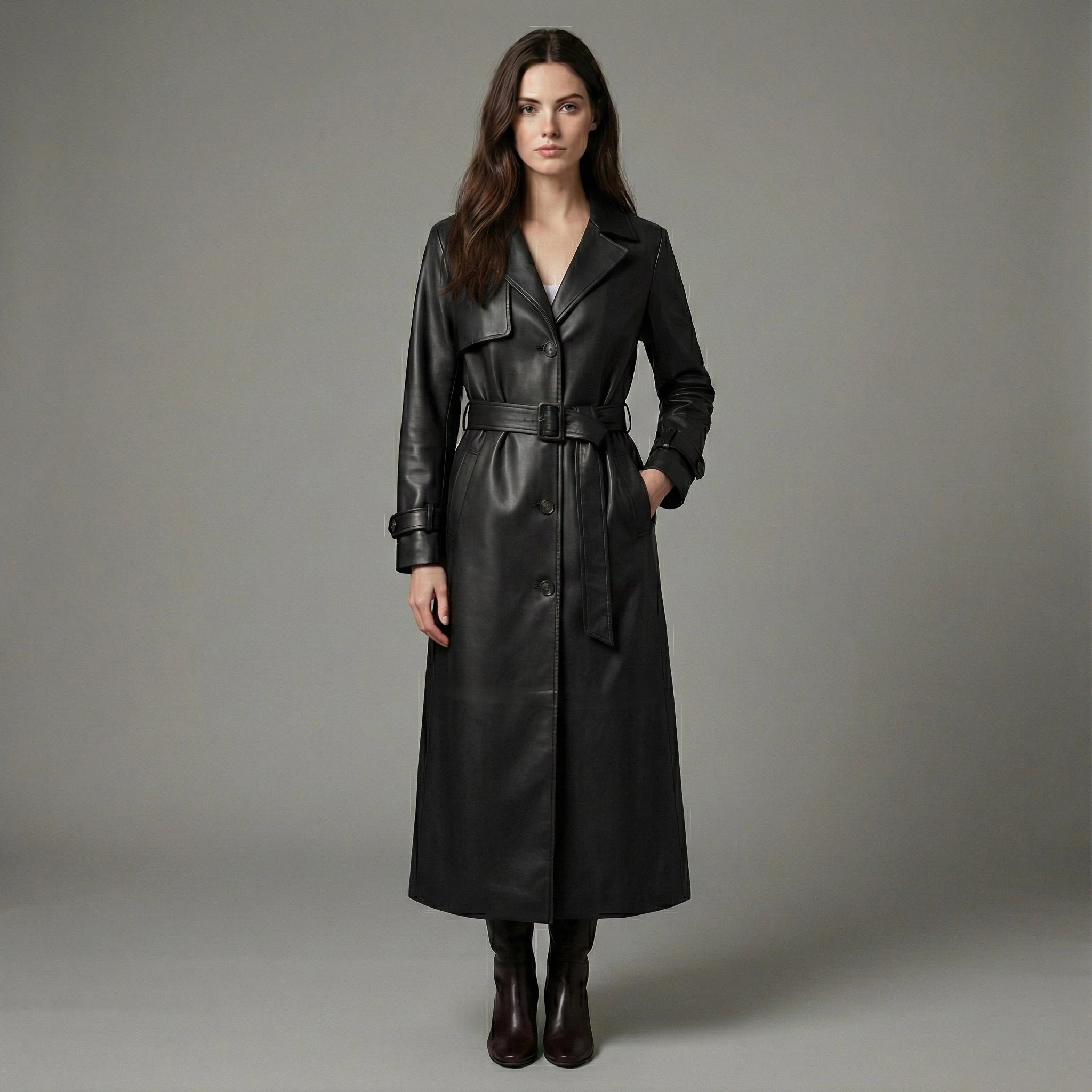 Woman wearing a black leather trench coat against a gray background