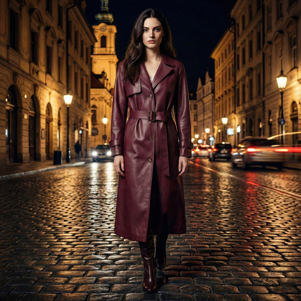 Woman in a long burgundy coat standing on a cobbled street at night.