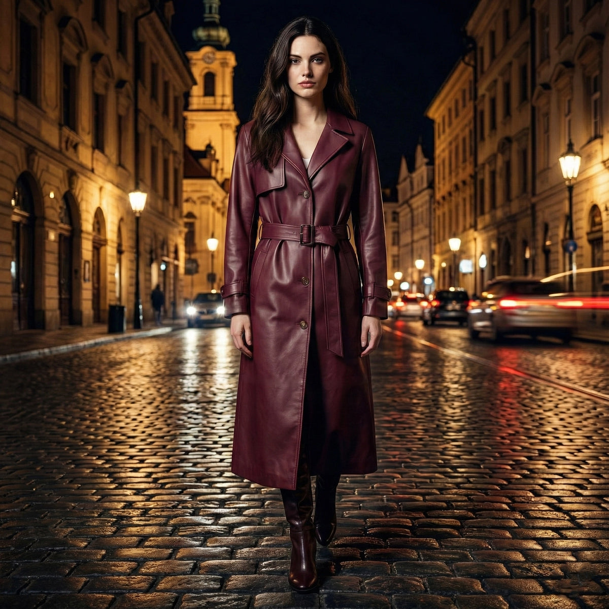 Woman in a long burgundy coat standing on a cobbled street at night.