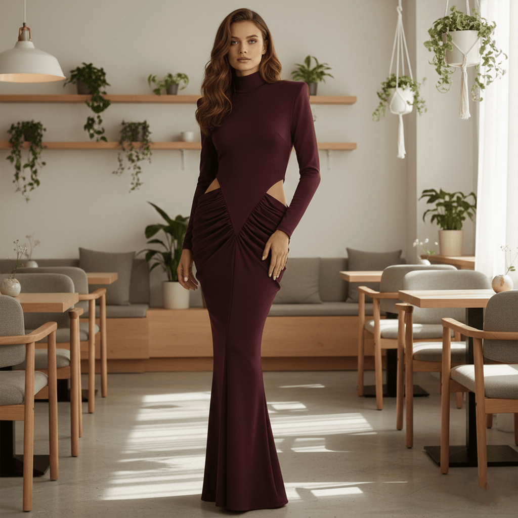 Woman in a burgundy dress standing in a modern cafe with plants and tables.