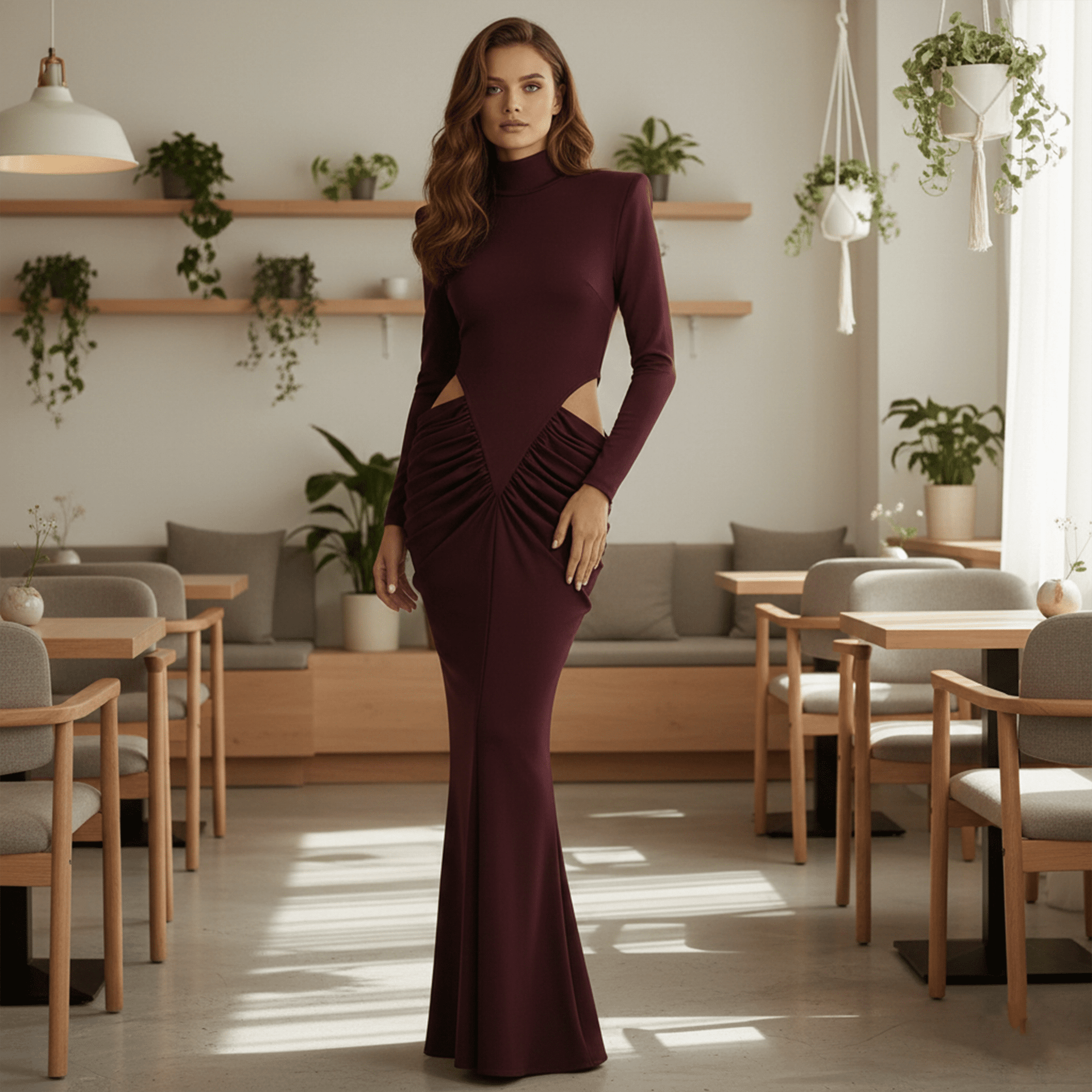 Woman in a burgundy dress standing in a modern cafe with plants and tables.