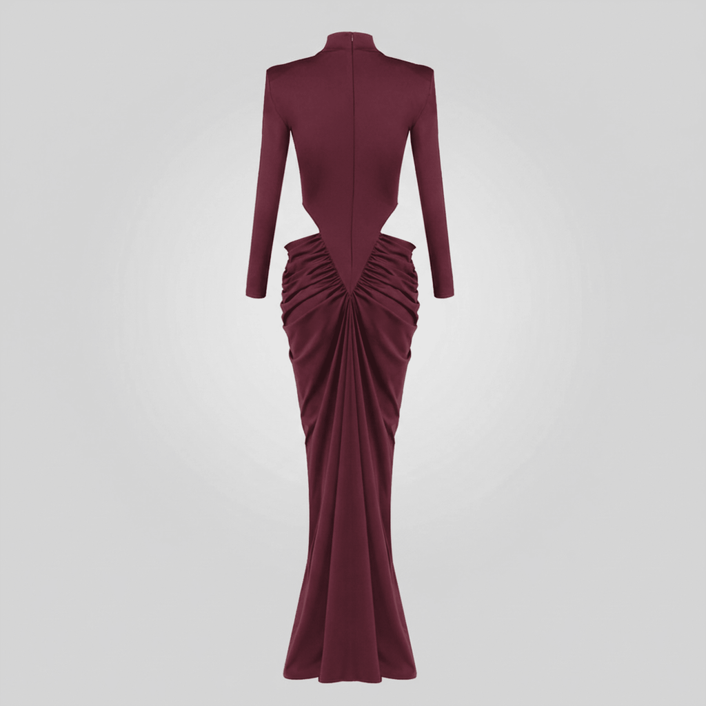 Maroon evening gown with long sleeves on a light gray background