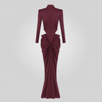 Maroon evening gown with long sleeves on a light gray background