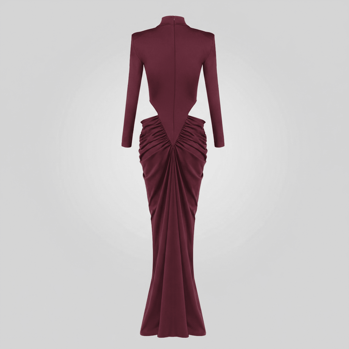 Maroon evening gown with long sleeves on a light gray background