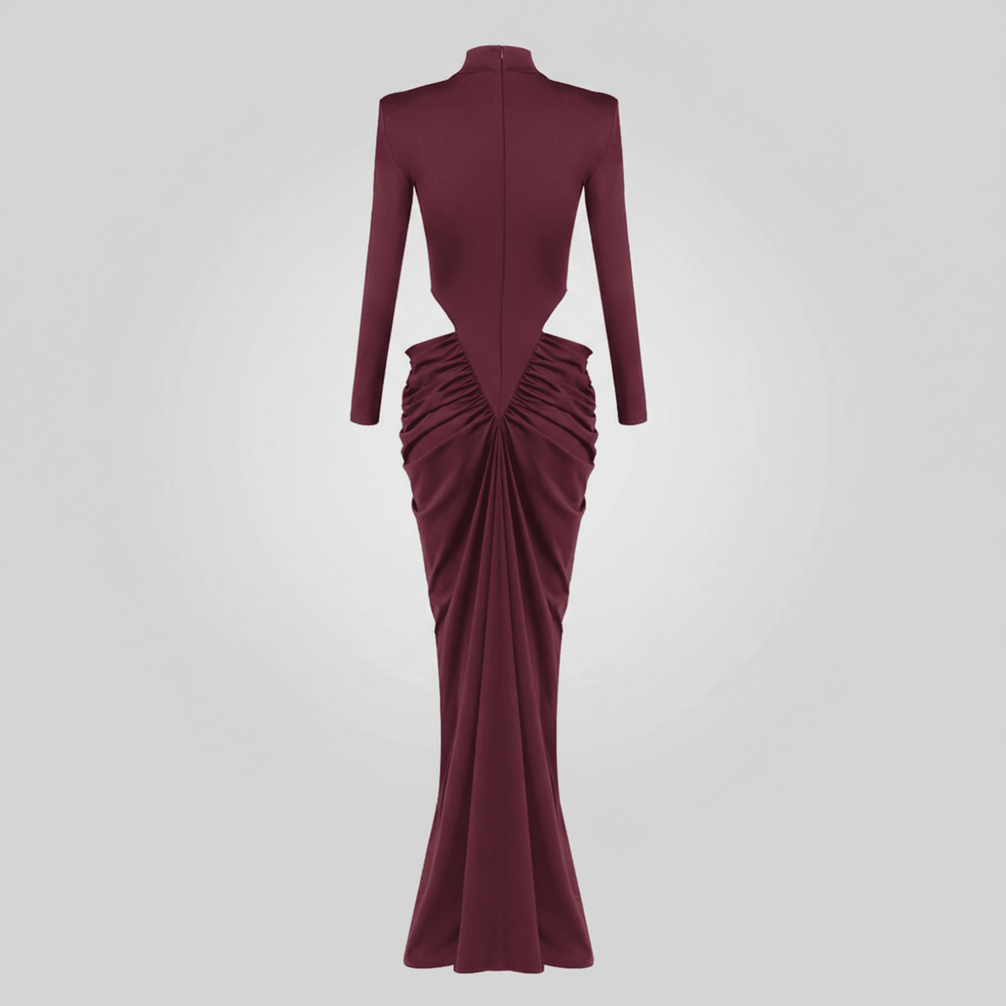 Maroon evening gown with long sleeves on a light gray background