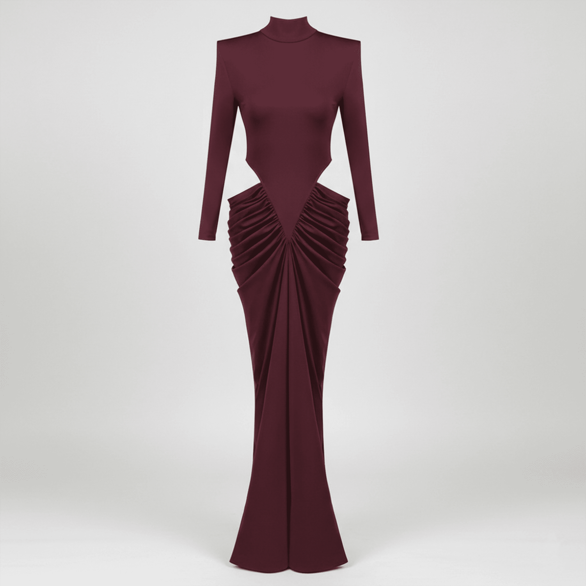 Maroon evening gown with a ruched design on a white background