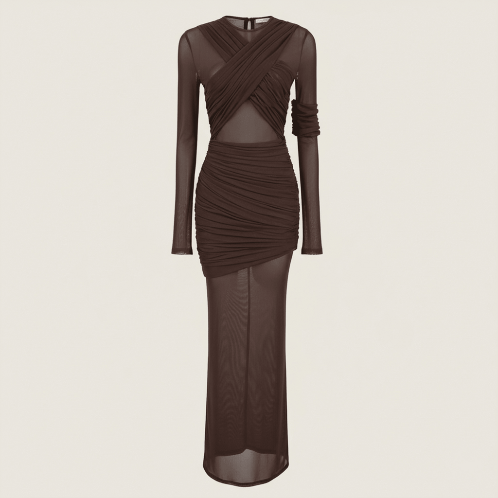 Brown dress with sheer panels on a beige background