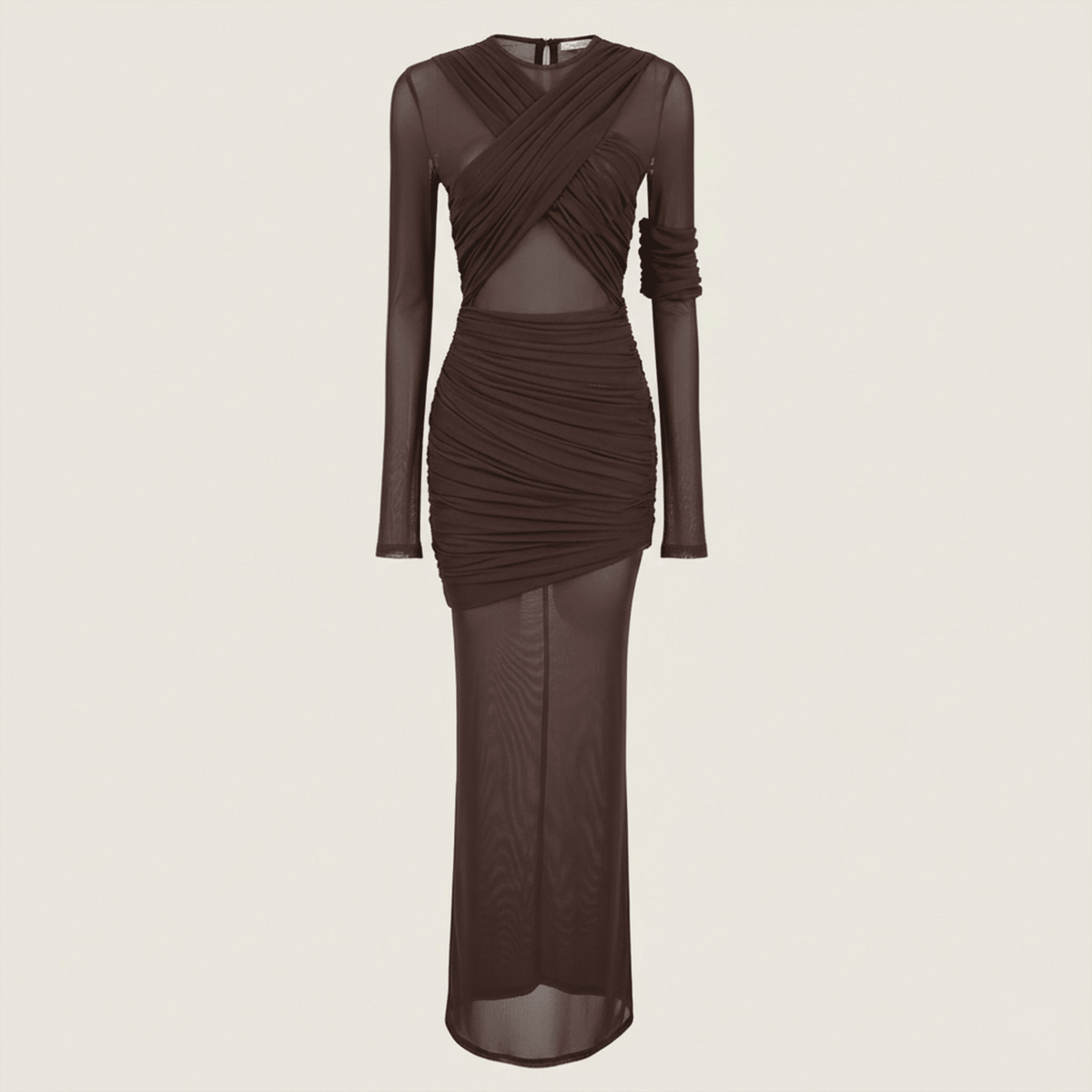 Brown dress with sheer panels on a beige background