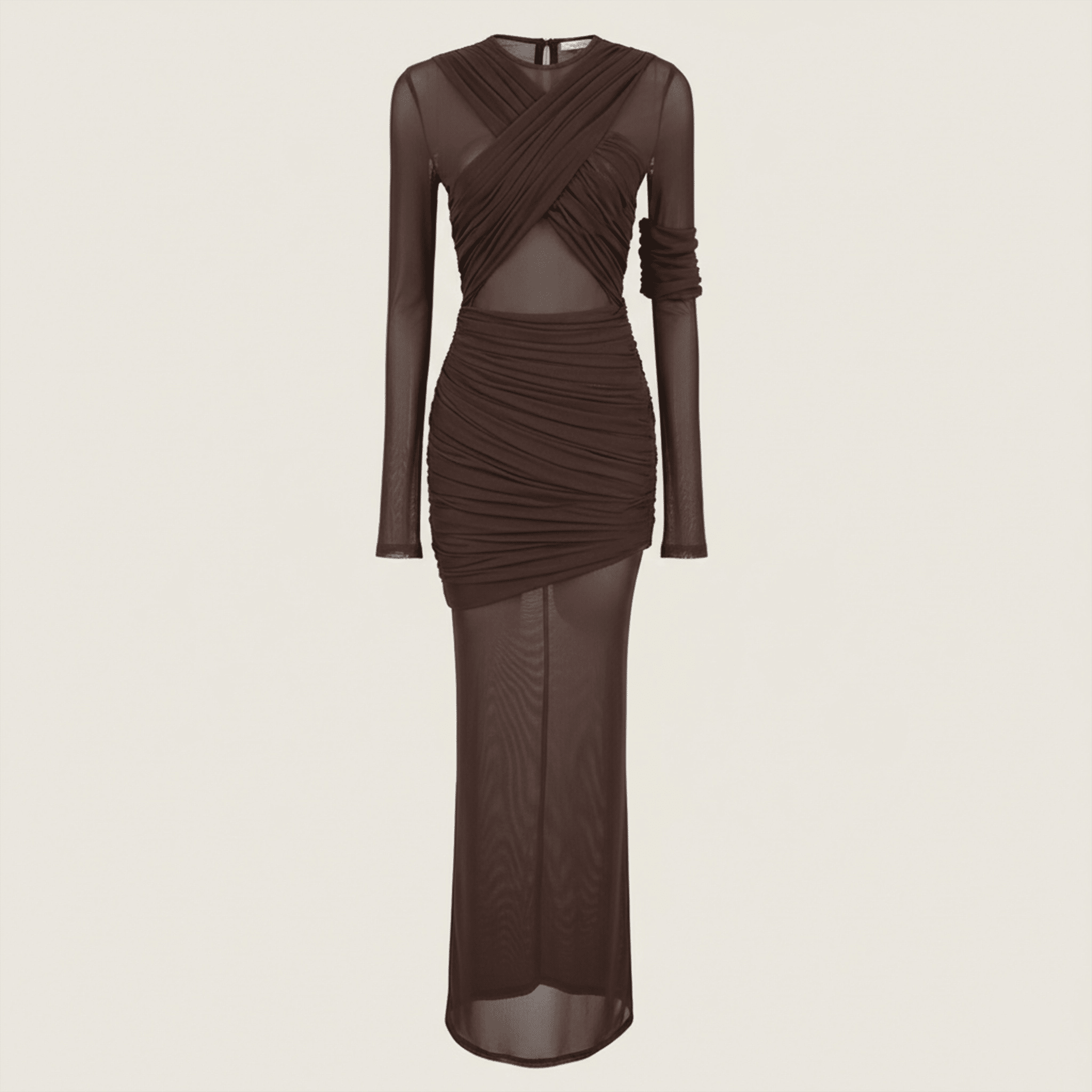 Brown dress with sheer panels on a beige background