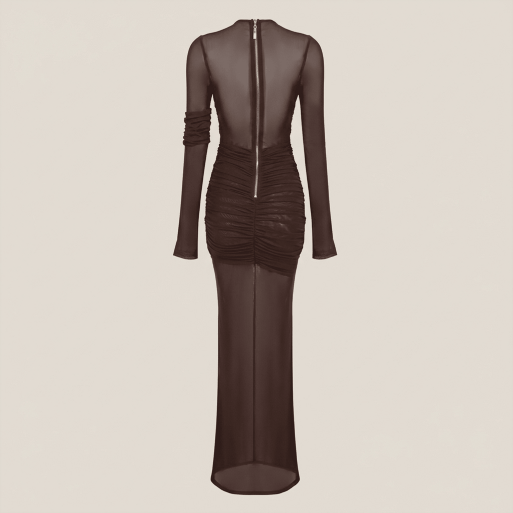 Brown dress with sheer sleeves and back on a beige background