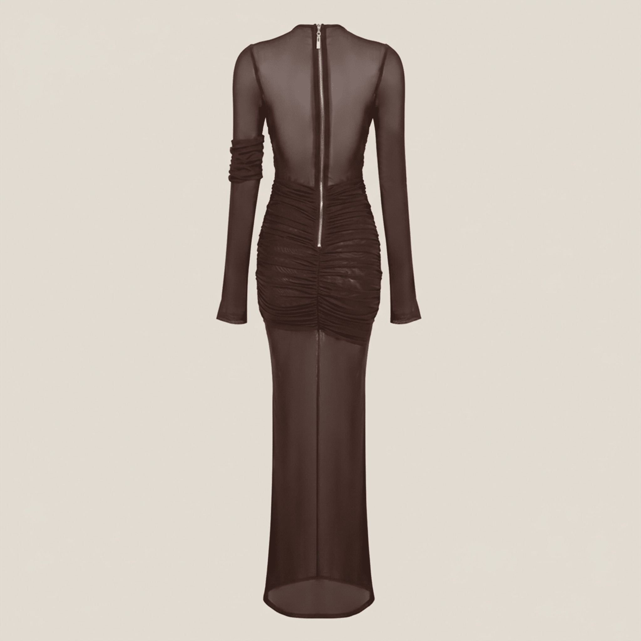 Brown dress with sheer sleeves and back on a beige background
