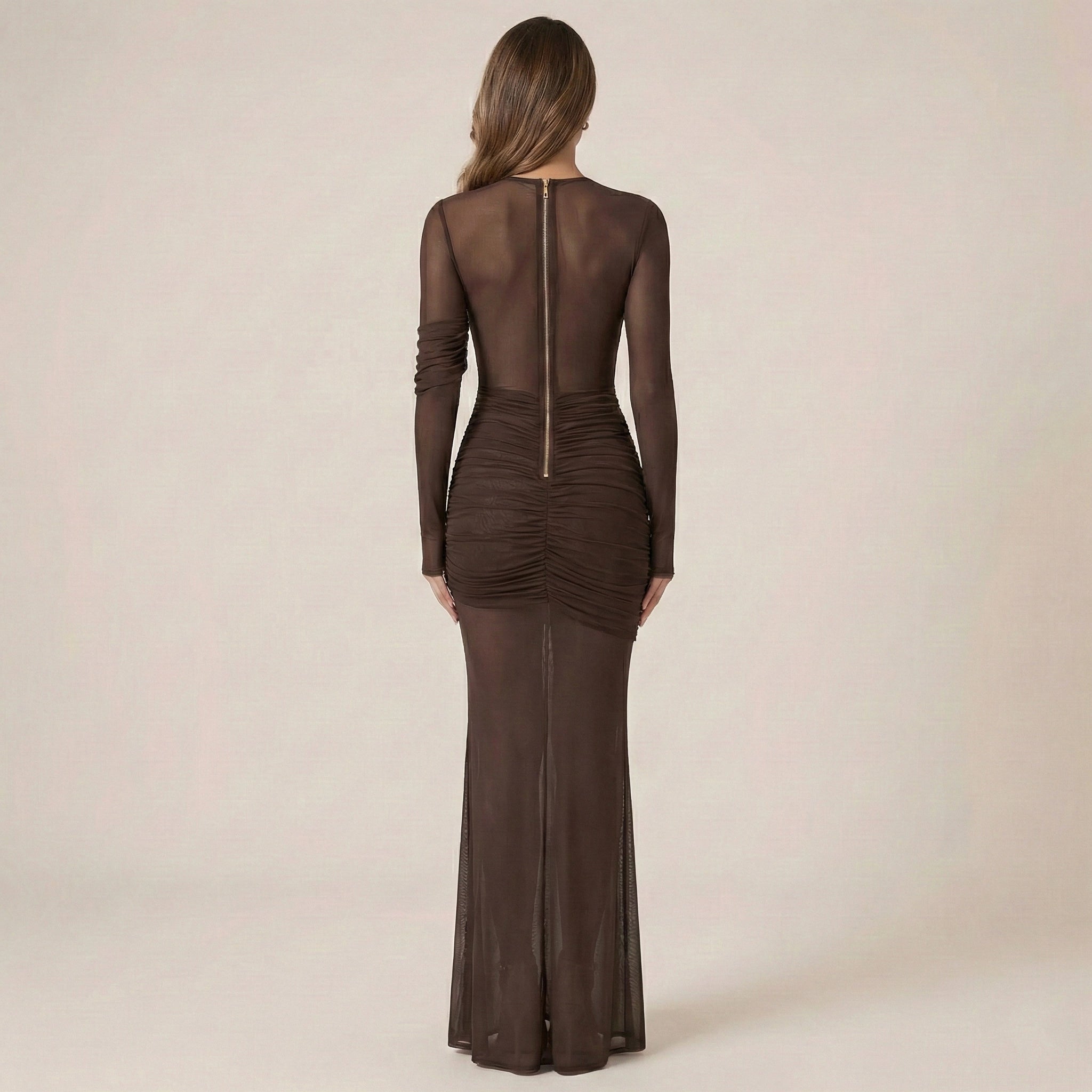 Brown evening gown with sheer details on a beige background