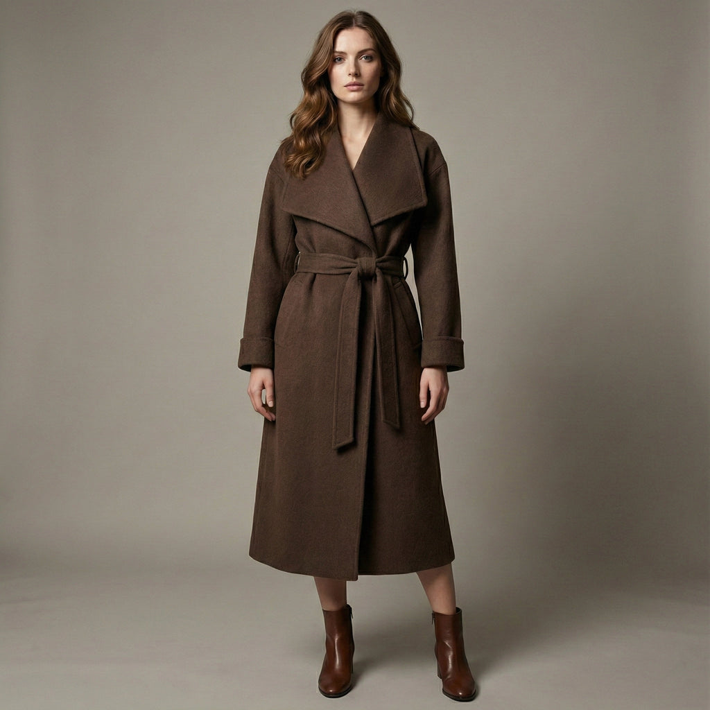 Woman wearing a brown coat against a plain background