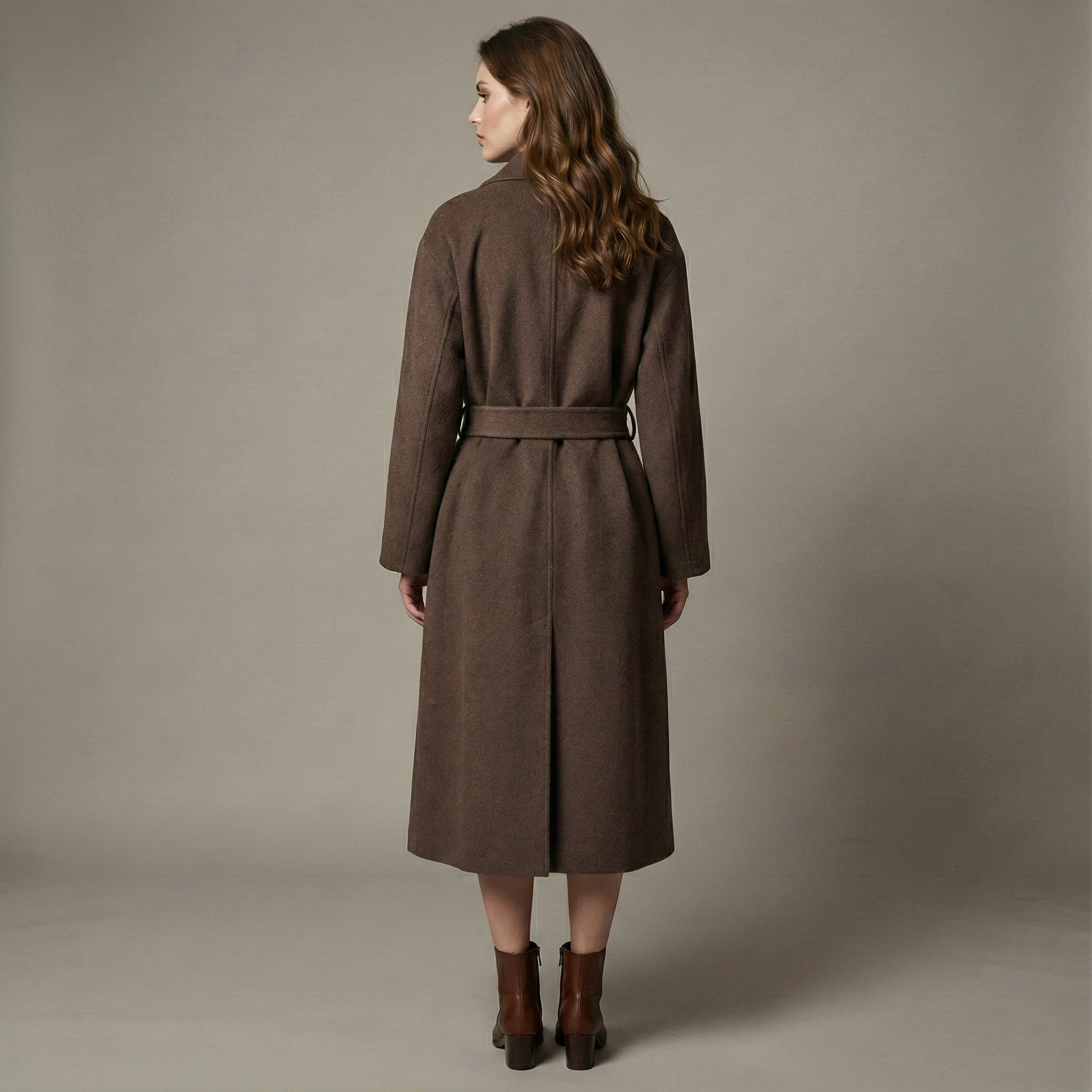 Woman wearing a brown coat standing against a plain background
