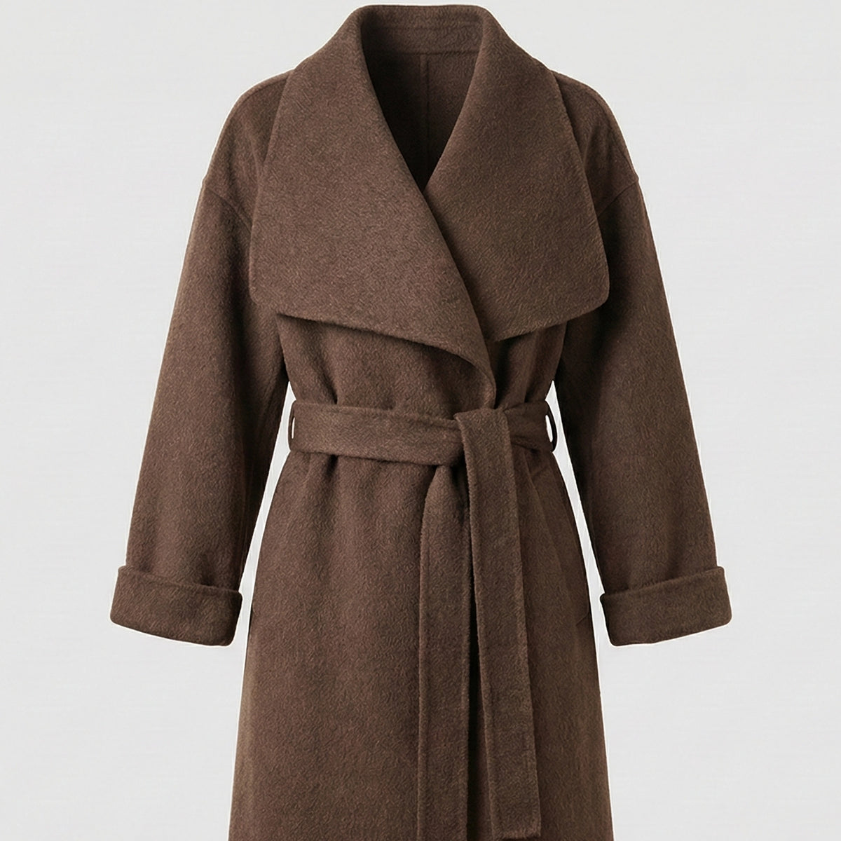 Brown coat with a belt on a light gray background