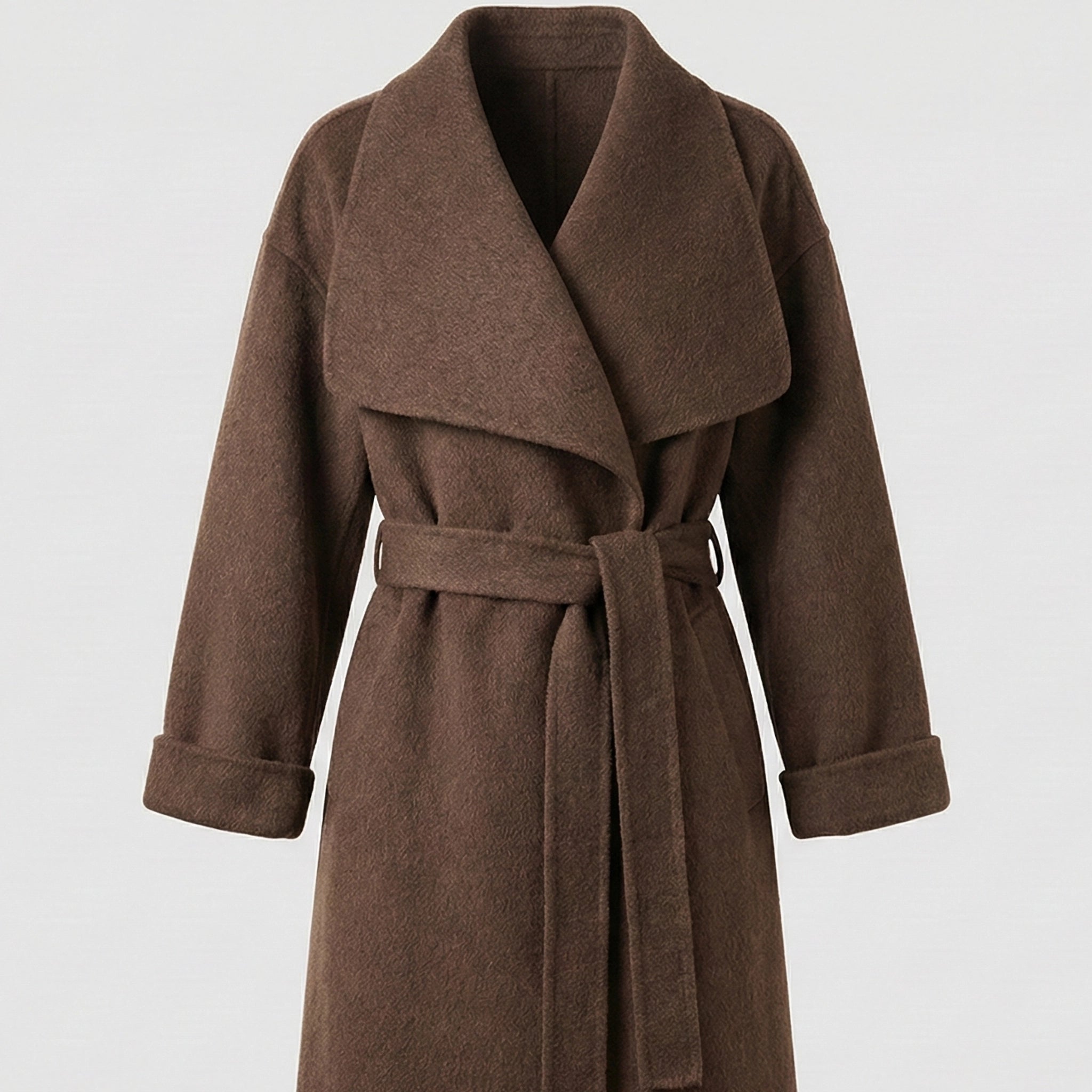 Brown coat with a belt on a light gray background