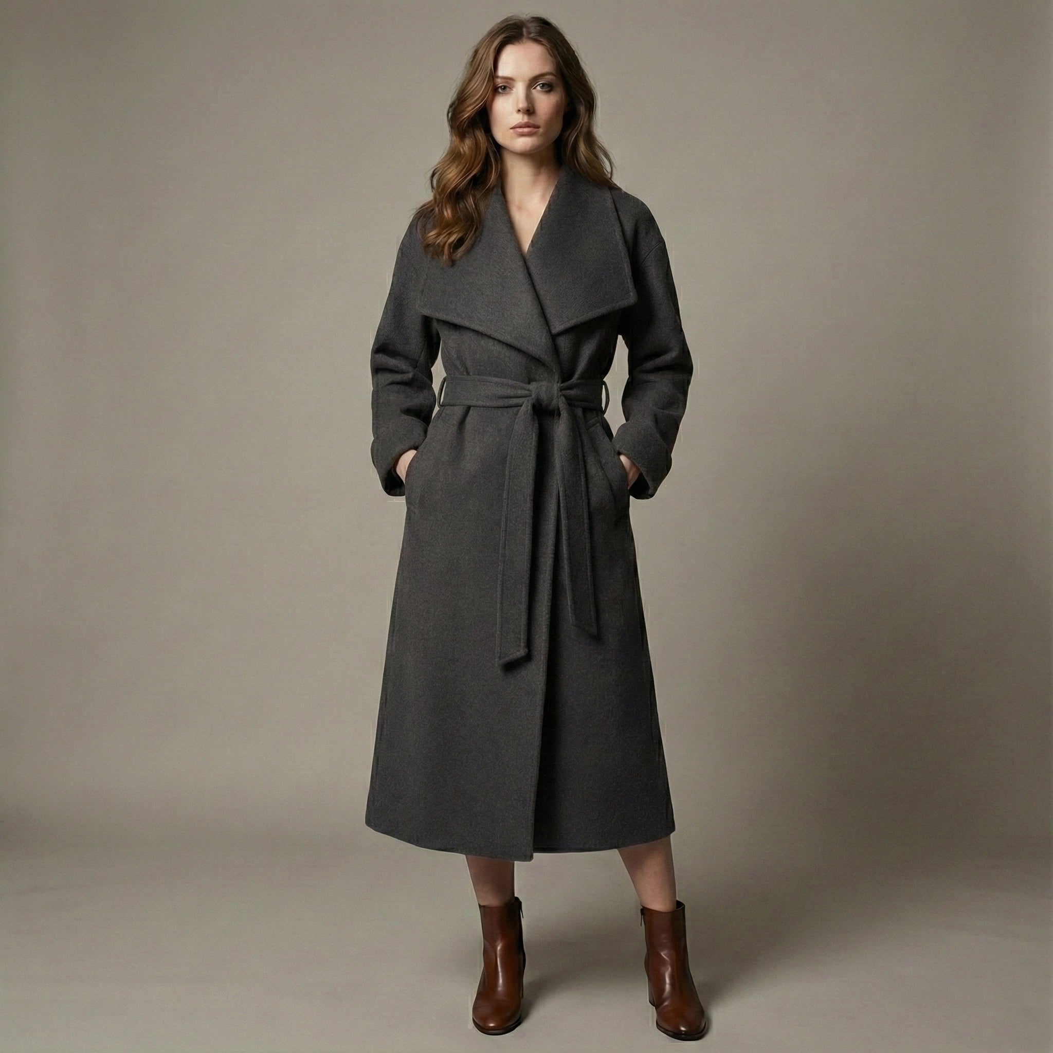 Woman wearing a gray coat with a belt against a plain background