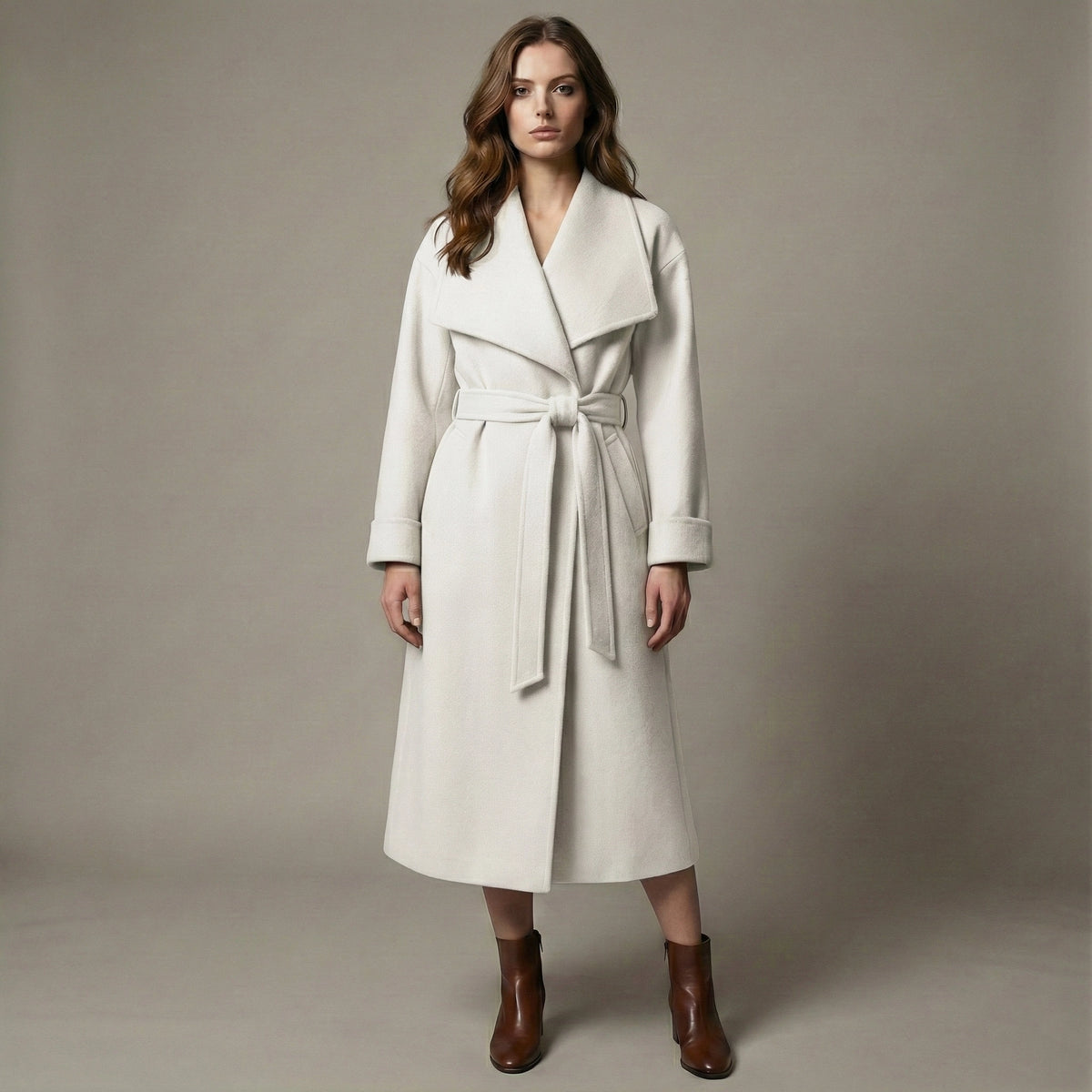 Woman wearing a white coat with a belt against a neutral background