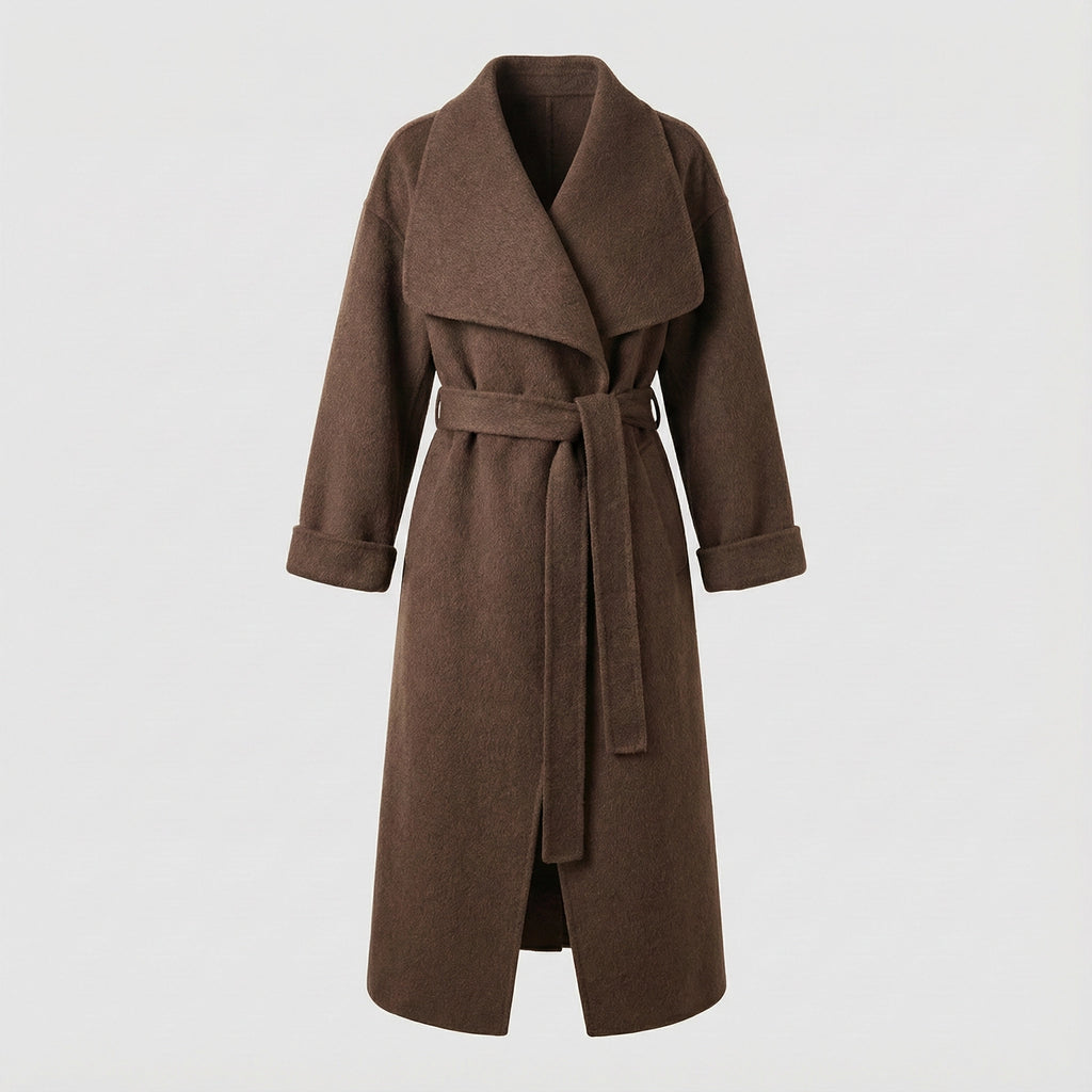 Brown coat with a belt on a light gray background